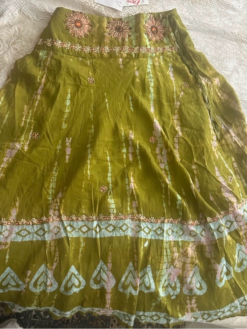 Boho Embroidered Maxi Skirt in Olive Green